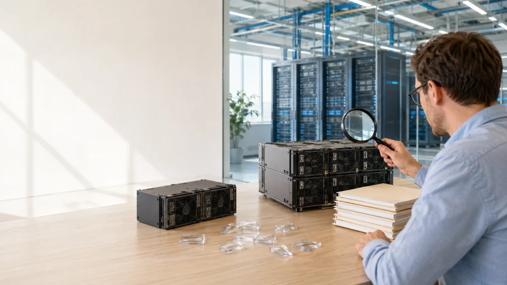 研究者比對兩組 GPU 伺服器、閒置算力籌碼與長約文件，象徵現貨租金下跌不等於整體算力需求轉弱。