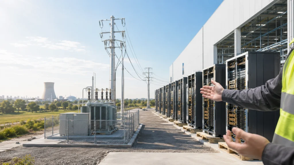 資料中心伺服器機櫃與電網設備、輸電塔及冷卻設施並列，象徵 AI 算力建設受電力與電網進度限制。
