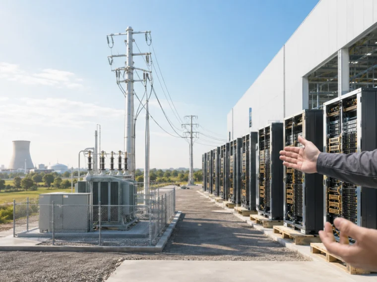 資料中心伺服器機櫃與電網設備、輸電塔及冷卻設施並列，象徵 AI 算力建設受電力與電網進度限制。