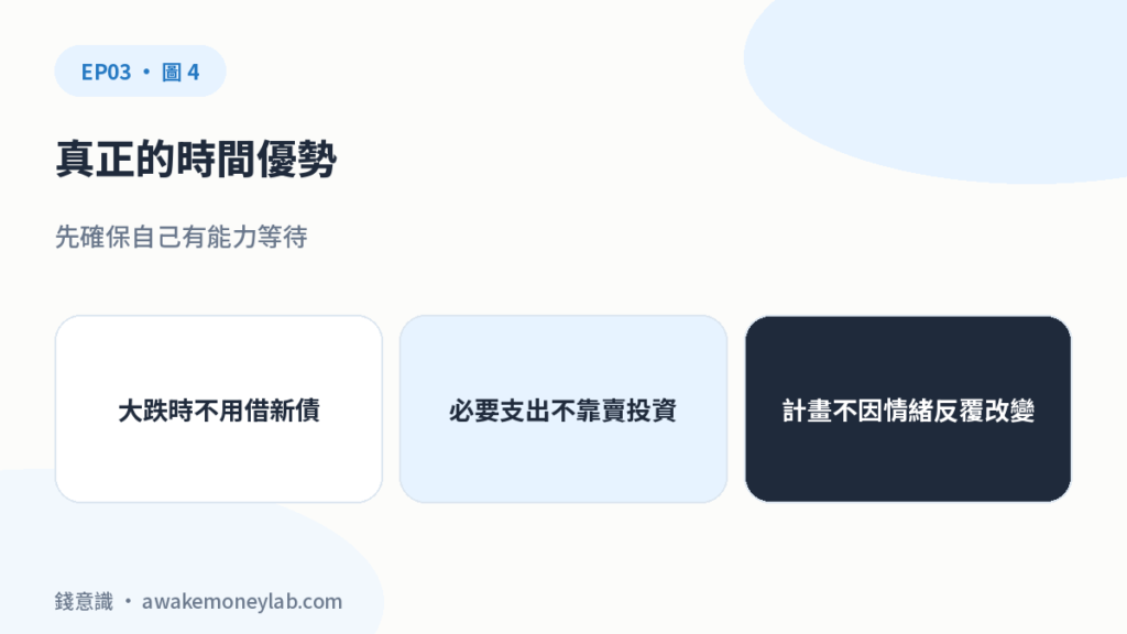 真正的時間優勢。先確保自己有能力等待。大跌時不用借新債；必要支出不靠賣投資；計畫不因情緒反覆改變