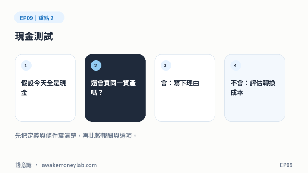 EP09 圖2｜現金測試：假設今天全是現金、還會買同一資產嗎？、會：寫下理由、不會：評估轉換成本