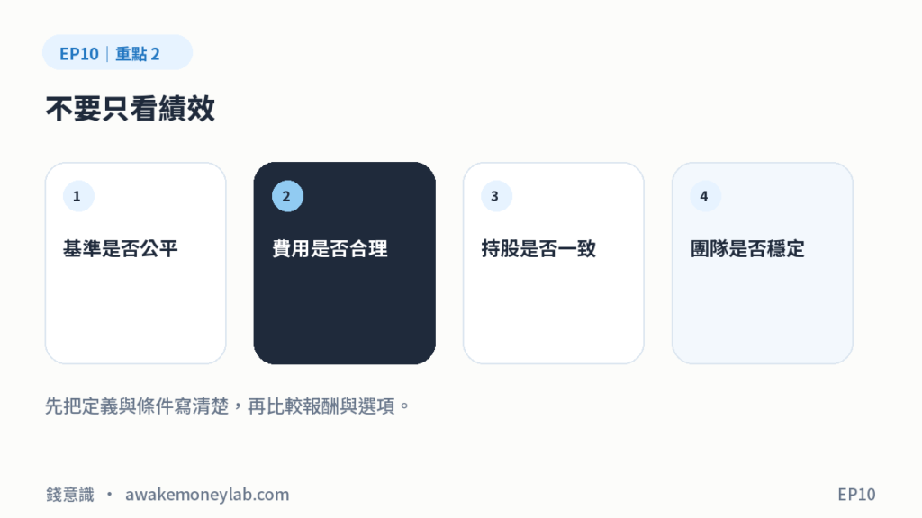 EP10 圖2｜不要只看績效：基準是否公平、費用是否合理、持股是否一致、團隊是否穩定